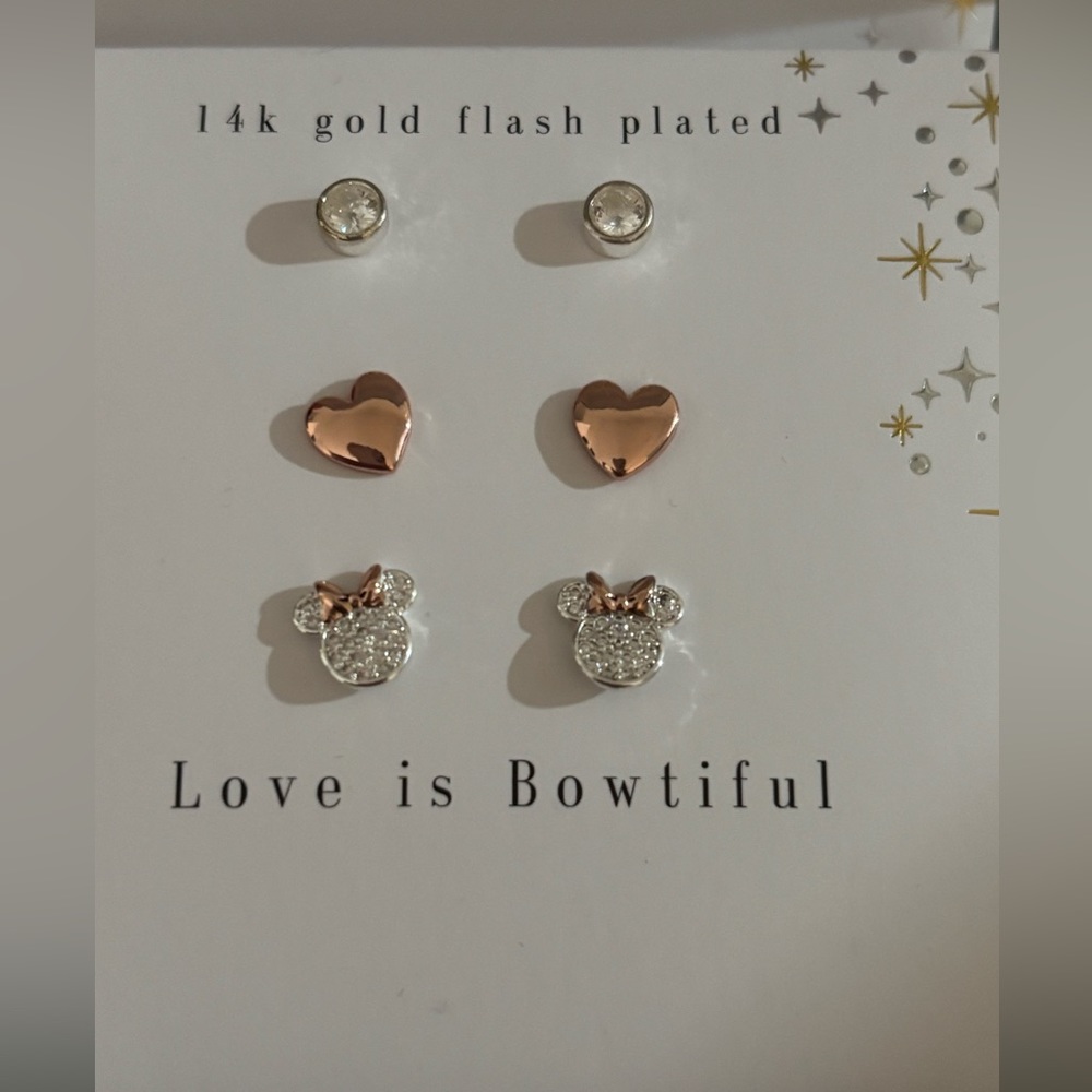 Disney 14k Gold Flash Plated Earrings Set - Rose Gold and Silver